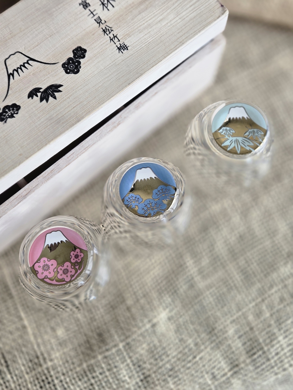 Mt. Fuji Shot Glasses -set of 3 with Pink, Blue, and Green Accents